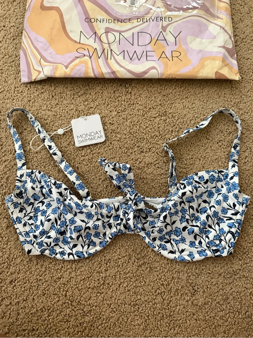 Monday Swimwear White Bikini with Blue Floral Print